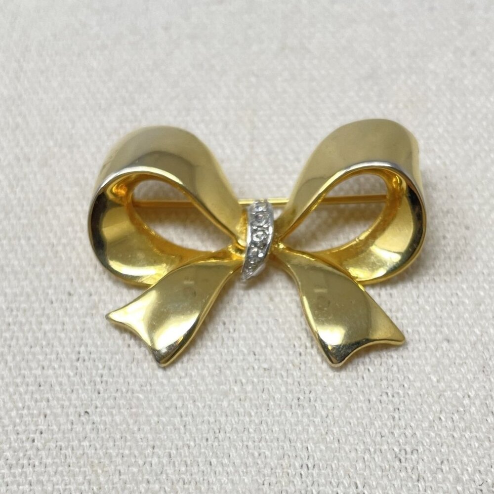 Gold-Tone Bow Brooch With Rhinestone Accents Marked